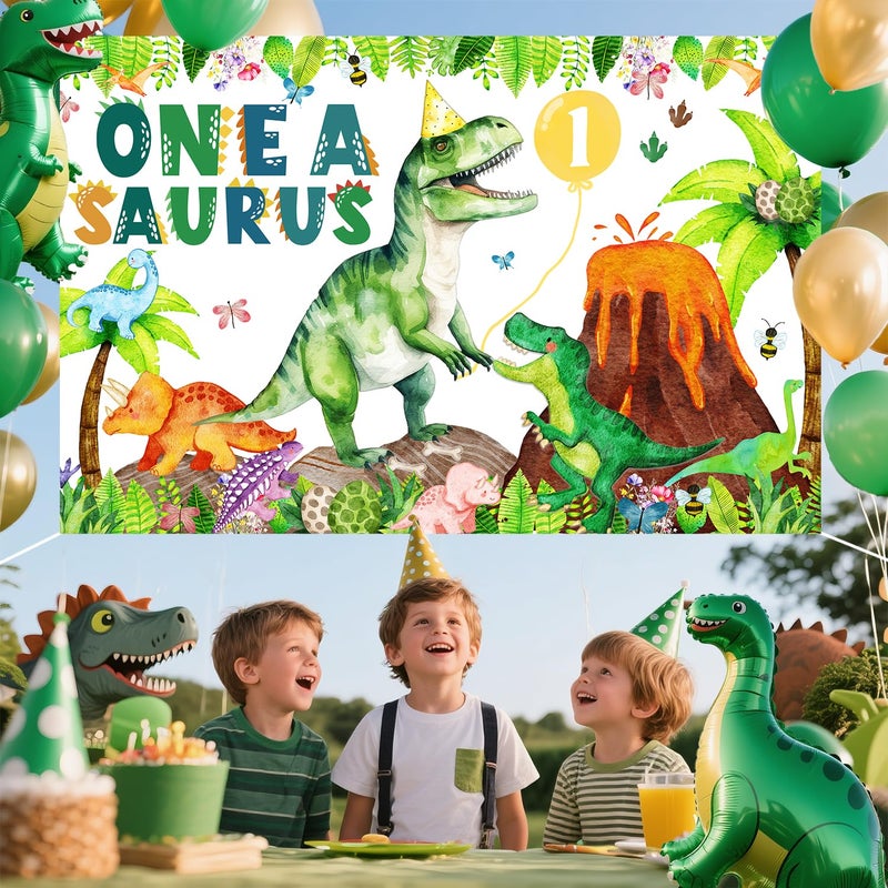 BIGKEOKI One a Saurus Birthday Decorations Dinosaur 1st Bday Party Backdrop Banner Jungle Leaves T-rex Dino Bday Photography Background Dino First Bday Party Supplies (Green Dino 1st) - Image 5